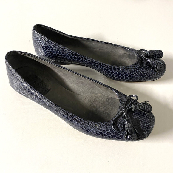 Stuart Weitzman Ballet Flat Blue Patent Leather Snake Embossed Square To… - Picture 2 of 8